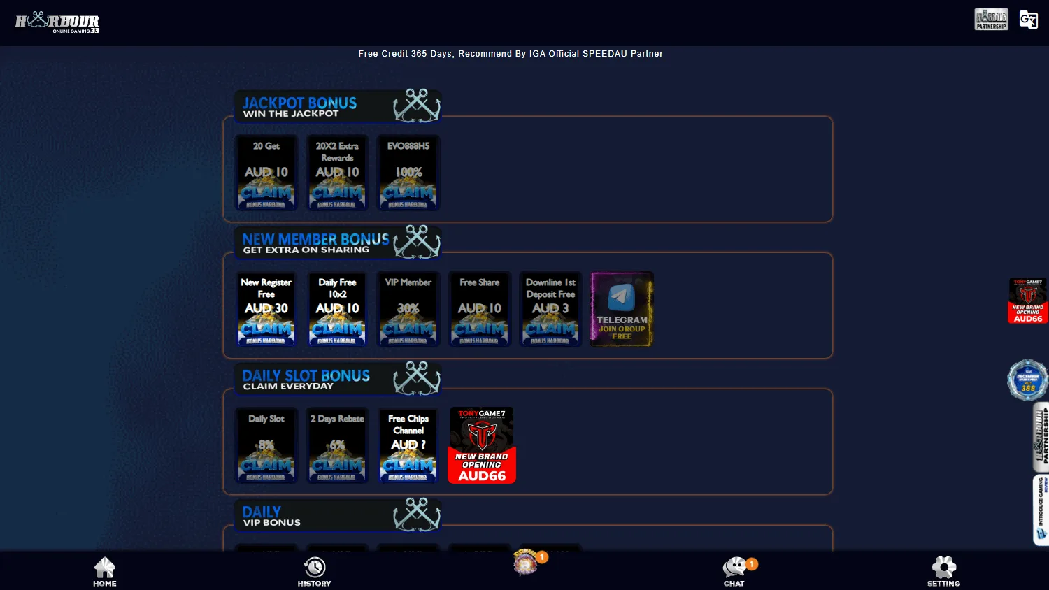 Harbour 33 Casino desktop promotions screen with welcome and free credit offers