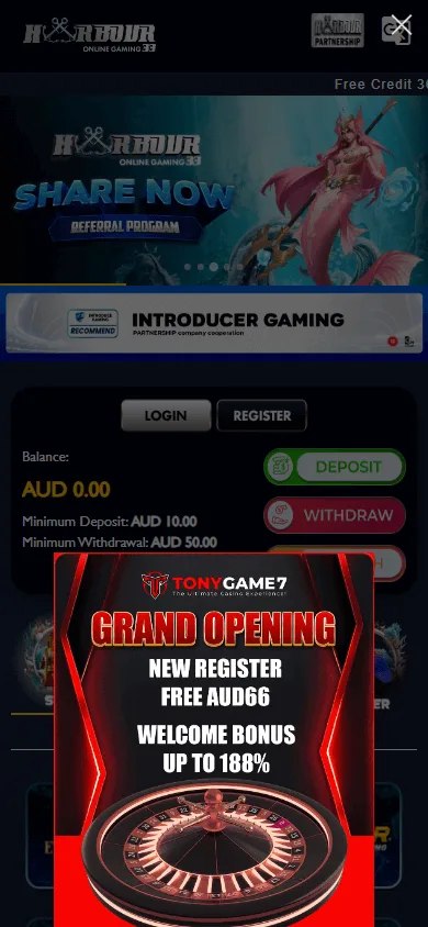 Harbour 33 Casino mobile home screen on a smartphone