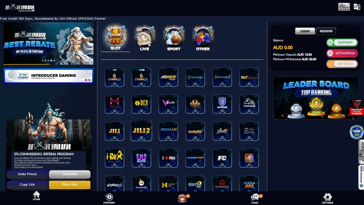 Harbour 33 Casino desktop home screen with the casino offer and account access