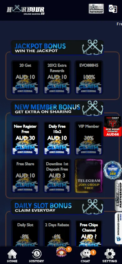 Harbour 33 Casino mobile promotions screen with available promotional features